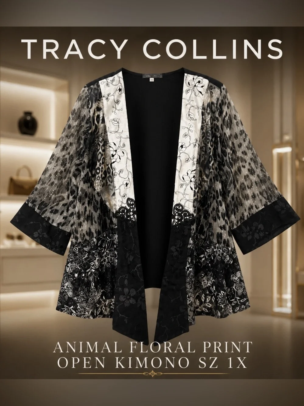 Tracy Collin’s black gray animal floral print open kimono cardigan sz 1X
